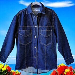 Zara Button Front Long Sleeve Collared Jean Jacket Blue Womens Extra Small XS